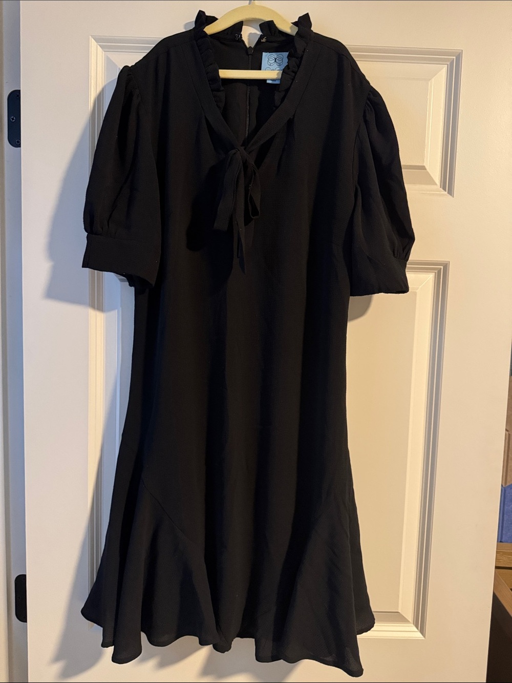 CeCe Black Tie-Neck Mini Dress with Puff Sleeves. Cute little black dress.